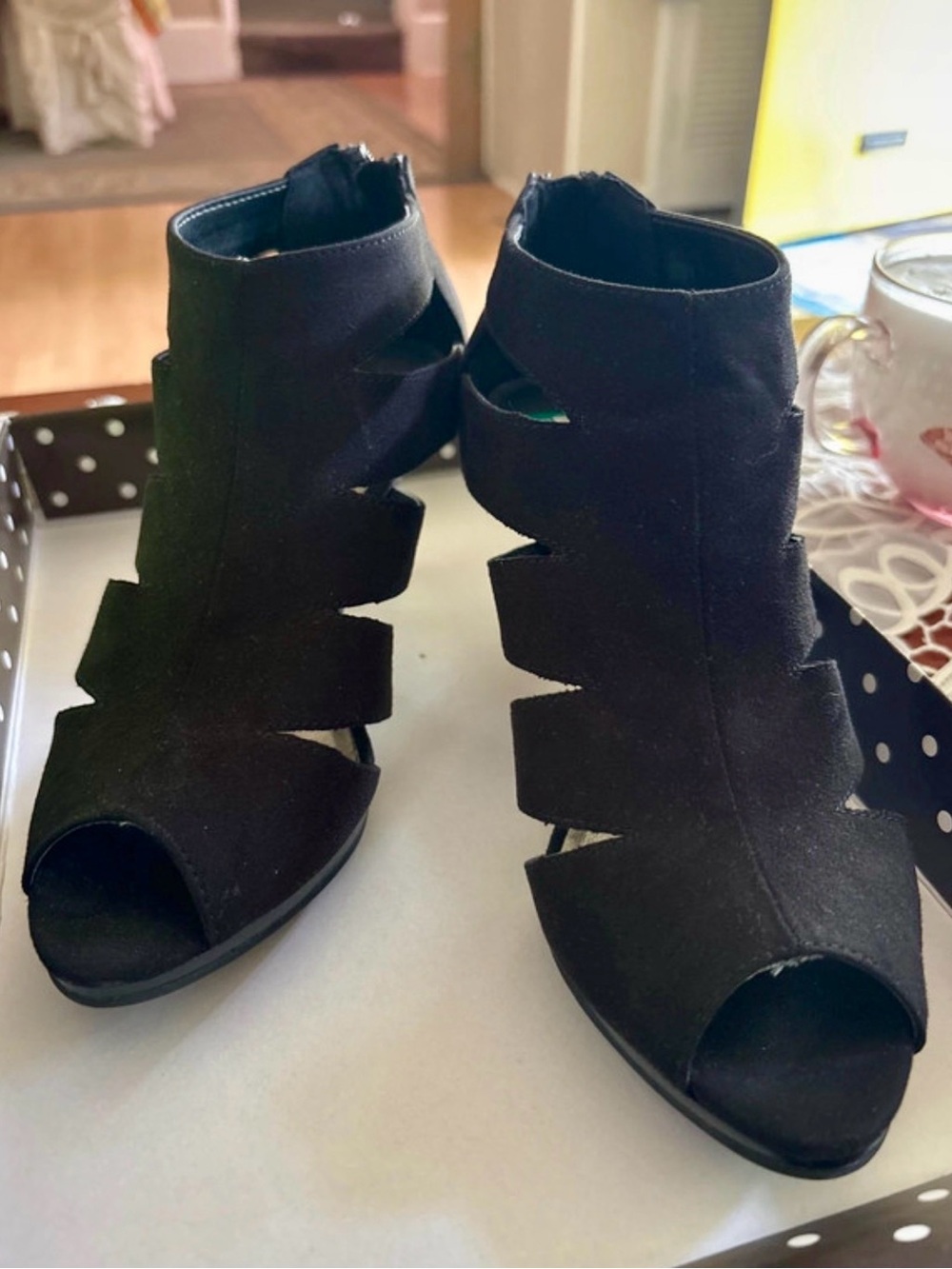 Kelly & Katie Black Cutout Peep-Toe Ankle Heels